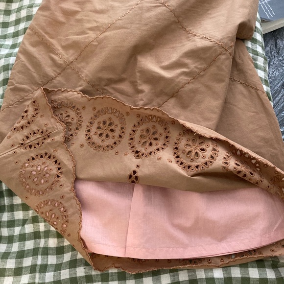 Vintage Odille Skirt: Tan and Pink Midi with Cutouts and Embroidery - Picture 5 of 9